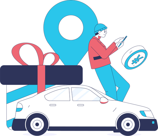 Homme faisant le paiement mobile pour le service de location de voiture  Illustration