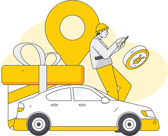 Homme faisant le paiement mobile pour le service de location de voiture  Illustration