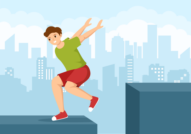 Homme faisant du sport de parkour extrême au-dessus de la ville  Illustration