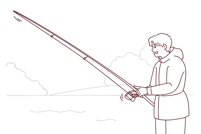 Homme faisant de la pêche au lac  Illustration