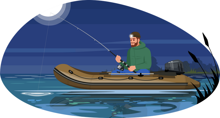 Homme faisant la pêche la nuit  Illustration