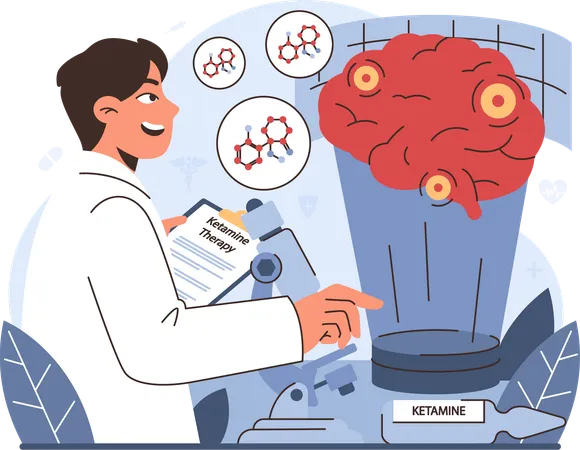 Homme faisant de la recherche et du développement dans le domaine de la thérapie à la kétamine  Illustration