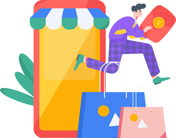 Homme faisant du shopping sur l'application  Illustration