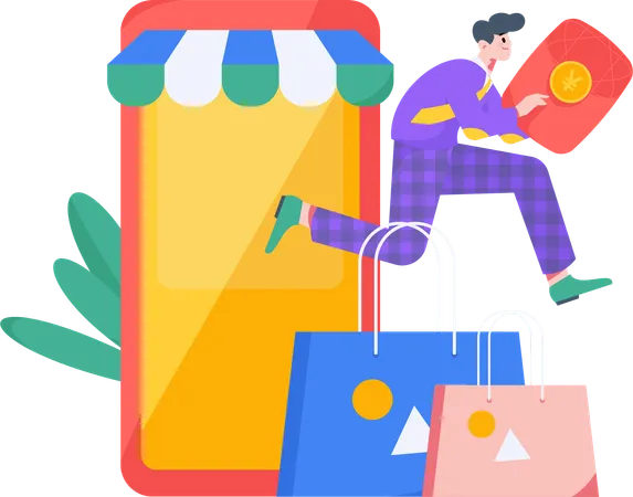 Homme faisant du shopping sur l'application  Illustration