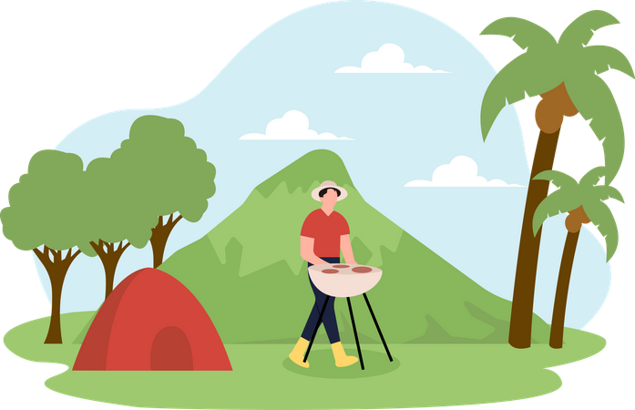 Homme faisant un barbecue dans un camping  Illustration