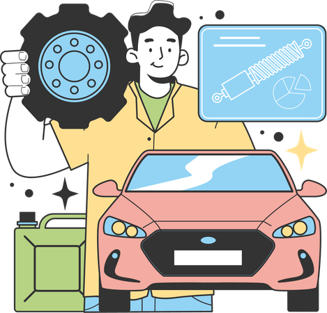 Homme faisant un service de voiture au garage  Illustration