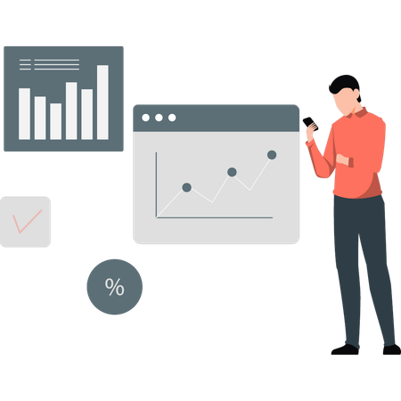 Homme effectuant une analyse en ligne à l'aide d'un mobile  Illustration