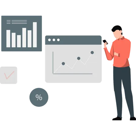 Homme effectuant une analyse en ligne à l'aide d'un mobile  Illustration