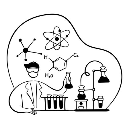 Homme faisant une expérience chimique en classe de chimie  Illustration