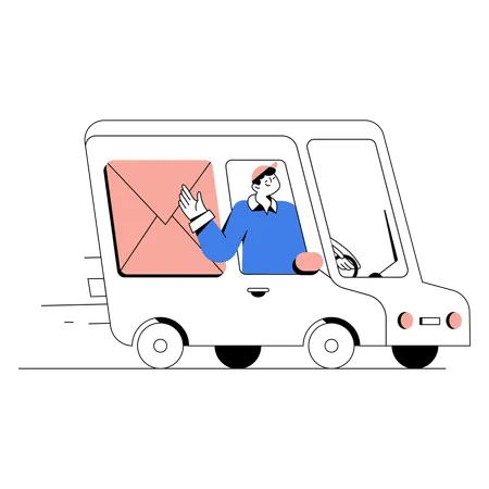 Un homme effectuant une livraison en camionnette  Illustration