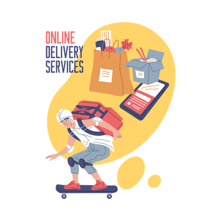 Un homme effectuant une livraison de courrier sur un skateboard  Illustration