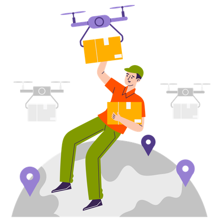 Homme faisant une livraison par drone  Illustration