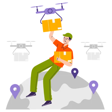 Homme faisant une livraison par drone  Illustration