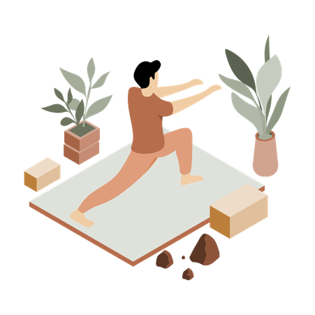 Un homme fait une pose de yoga sur un tapis avec des plantes d'intérieur  Illustration