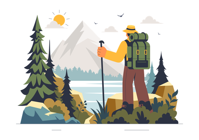 Homme faisant une aventure de randonnée en montagne  Illustration