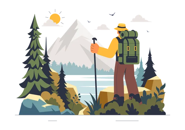 Homme faisant une aventure de randonnée en montagne  Illustration