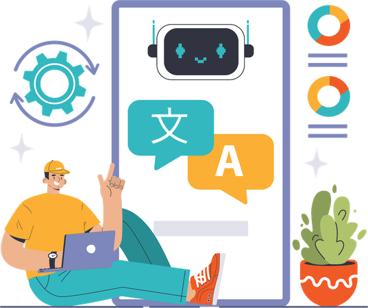 Homme faisant la traduction à l’aide d’un chatbot  Illustration