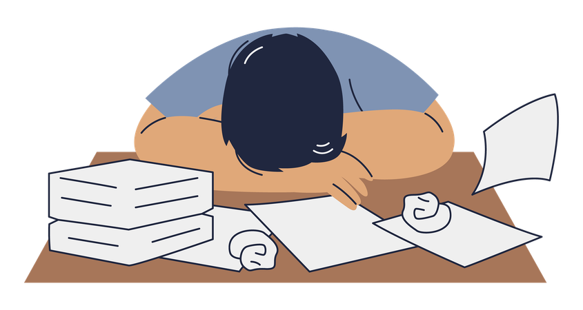 Un homme fatigué dort à table avec une pile de papiers  Illustration