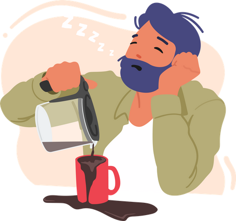 Fatigué, homme endormi, verser du café dans une tasse  Illustration