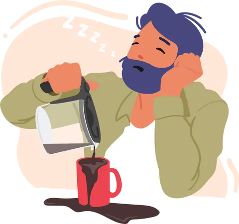 Fatigué, homme endormi, verser du café dans une tasse  Illustration