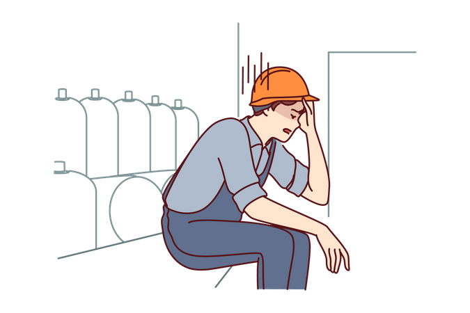 Un homme fatigué travaillant dans une usine est assis près de l'équipement de production, tenant la tête à cause d'un travail nerveux  Illustration
