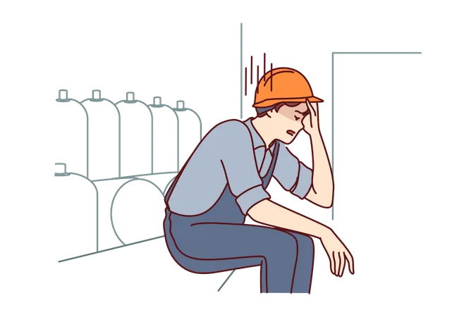 Un homme fatigué travaillant dans une usine est assis près de l'équipement de production, tenant la tête à cause d'un travail nerveux  Illustration