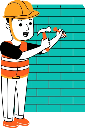 Homme fixant un clou dans un mur de briques  Illustration
