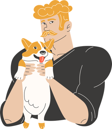 Homme fort avec une moustache tenant un petit chiot Welsh Corgi  Illustration