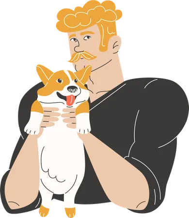 Homme fort avec une moustache tenant un petit chiot Welsh Corgi  Illustration