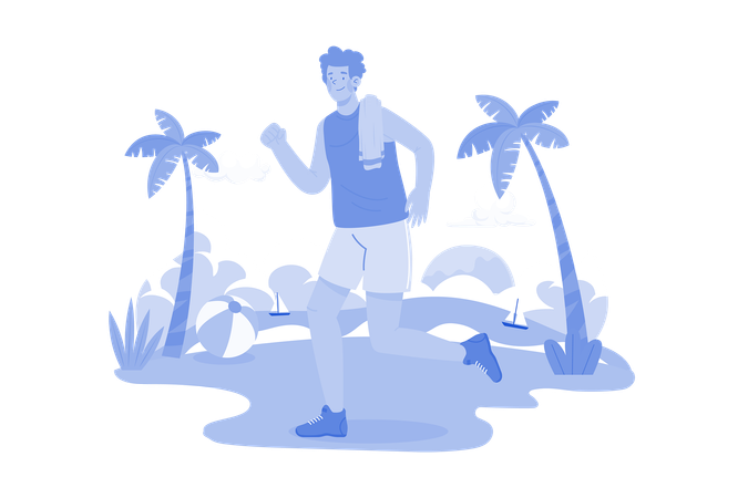 Homme fort faisant du jogging sur une plage  Illustration