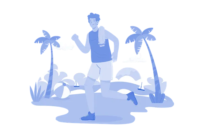 Homme fort faisant du jogging sur une plage  Illustration