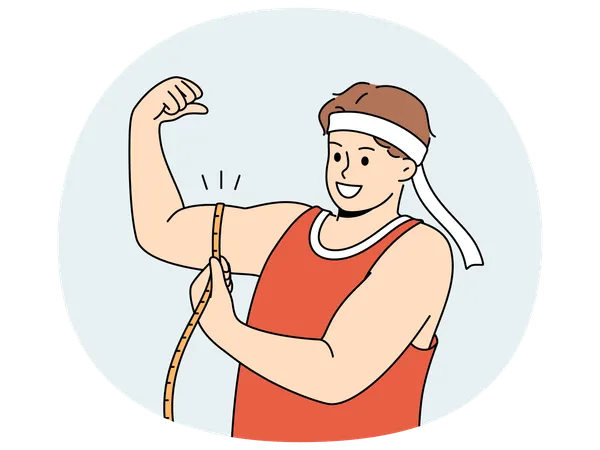 Un homme fort montre ses biceps et utilise un ruban à mesurer pour vérifier la taille des muscles de son bras  Illustration