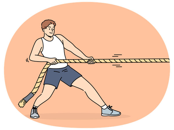 Un homme fort tire sur une corde tout en participant à des compétitions sportives avec des rivaux  Illustration