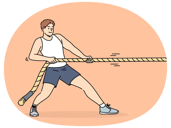 Un homme fort tire sur une corde tout en participant à des compétitions sportives avec des rivaux  Illustration