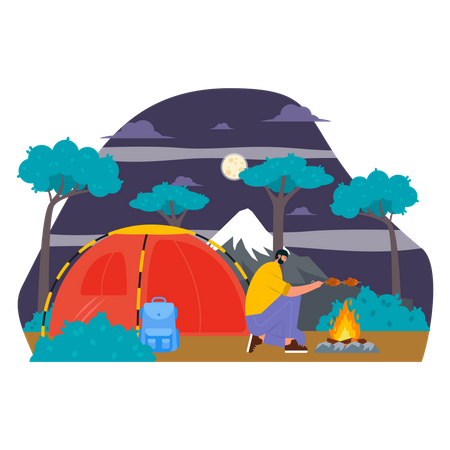 Homme faisant frire du poisson en camping  Illustration