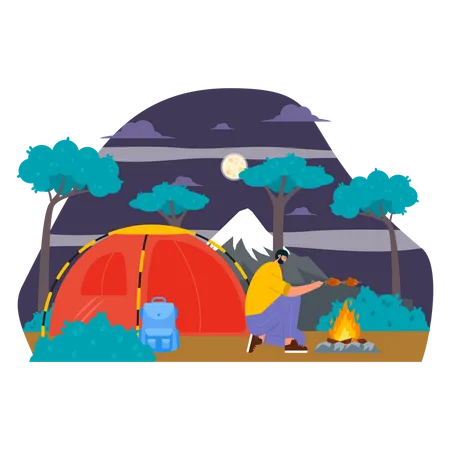 Homme faisant frire du poisson en camping  Illustration