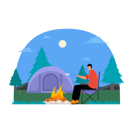 Homme faisant frire de la guimauve en camping  Illustration