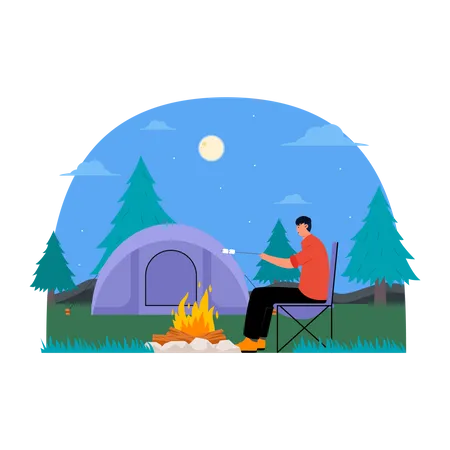 Homme faisant frire de la guimauve en camping  Illustration