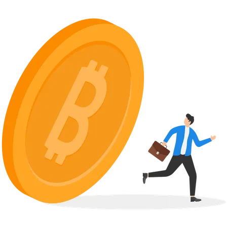 Homme fuyant un bitcoin géant en chute libre  Illustration