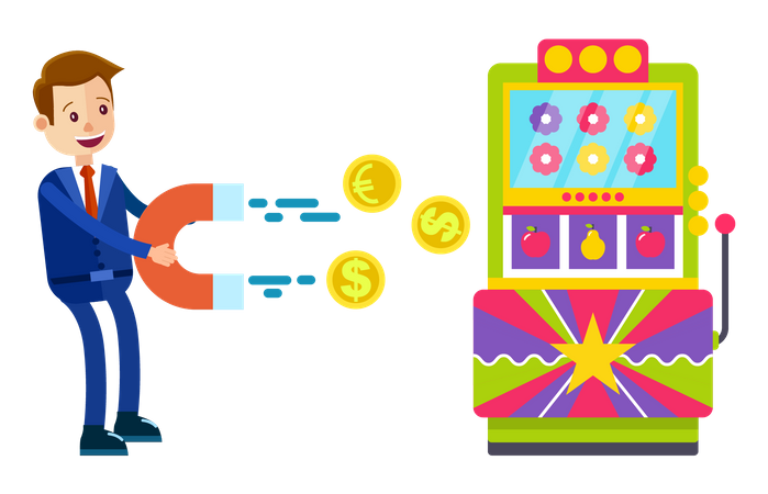 Homme gagnant de l’argent à la machine de loterie  Illustration