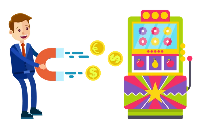 Homme gagnant de l’argent à la machine de loterie  Illustration