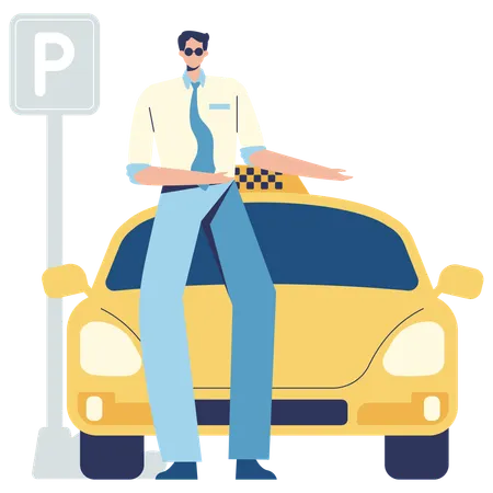 Un homme gare sa voiture sur une place de parking  Illustration