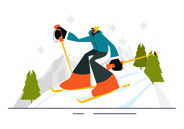 Un homme glisse sur des montagnes glacées  Illustration