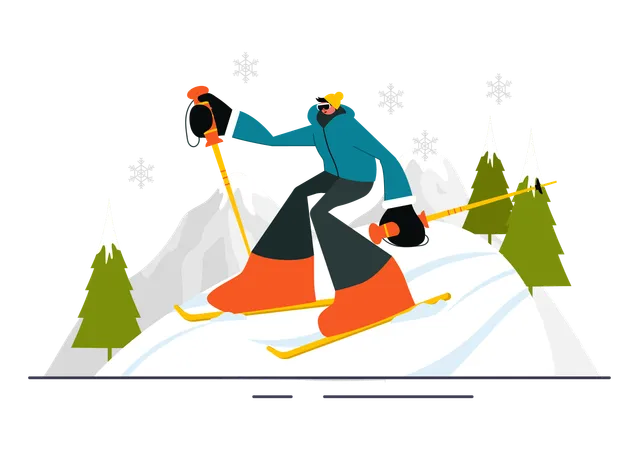 Un homme glisse sur des montagnes glacées  Illustration