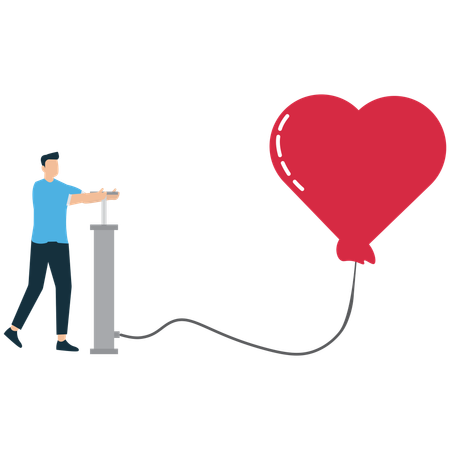 Homme gonflant un ballon en forme de cœur  Illustration