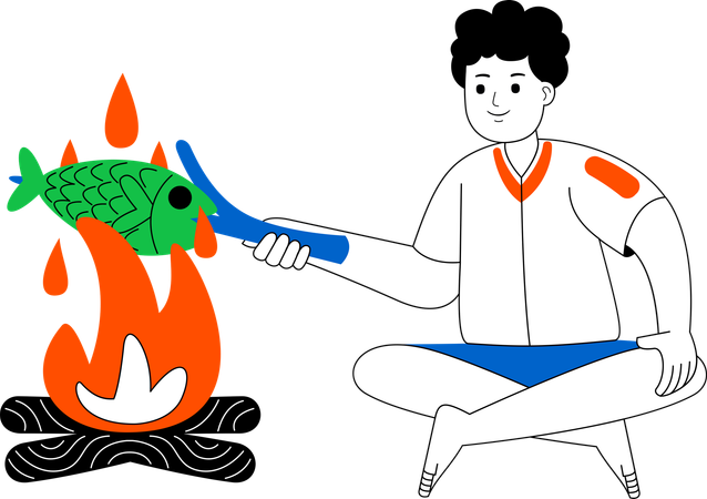 Homme griller du poisson sur un feu de camp  Illustration