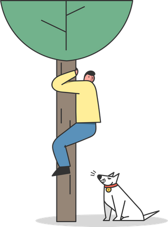 Un homme grimpe à un arbre pour se protéger d'un chien  Illustration