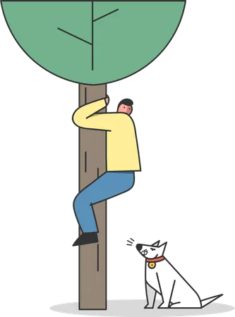 Un homme grimpe à un arbre pour se protéger d'un chien  Illustration