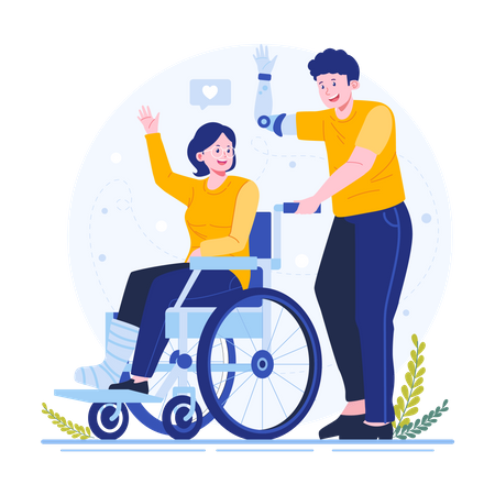 Homme handicapé aidant une femme à pousser un fauteuil roulant  Illustration