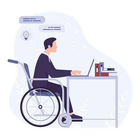 Homme handicapé assis en fauteuil roulant travaillant au bureau  Illustration